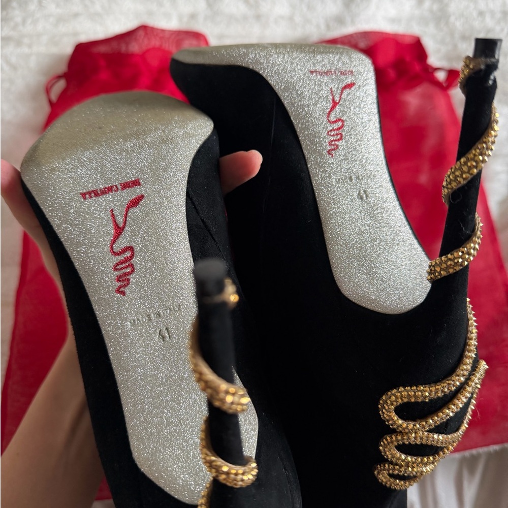 Rene Caovilla Black Suede Ankle Boots with Gold Crystal Serpent - Picture 8 of 8